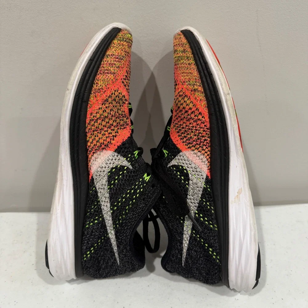 Nike Flyknit Lunar 3 Mens 8 Running Shoes Black Orange Volt Mesh 698181-006